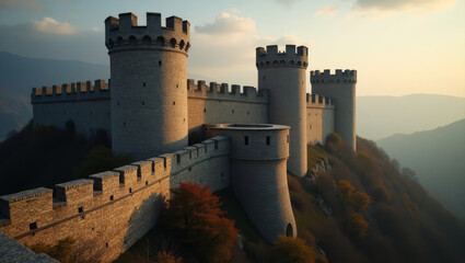 Medieval castle on top of a hill at dawn, surrounded by fog in a historical landscape