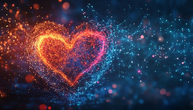An abstract portrayal of the heart and brain intertwined, with glowing lines and vibrant colors, symbolizing the connection between love, intelligence, and emotional intelligence