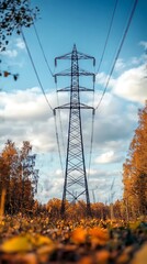 A large electricity pylon towers above trees and autumnal leaves