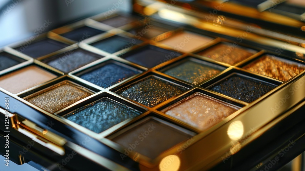 Poster A vibrant eyeshadow palette displays an array of colors and textures in a stylish design. The organized layout showcases a blend of shimmery and matte finishes, inviting creativity.