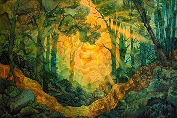golden rays cascade through verdant tapestry of a lush woodland, casting ethereal patterns of luminescence upon enchanted forest floor. MZ 