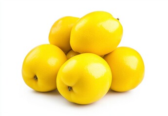 Six bright yellow quinces are arranged in a pyramid shape against a stark white background. The quinces are glossy and appear ripe and juicy