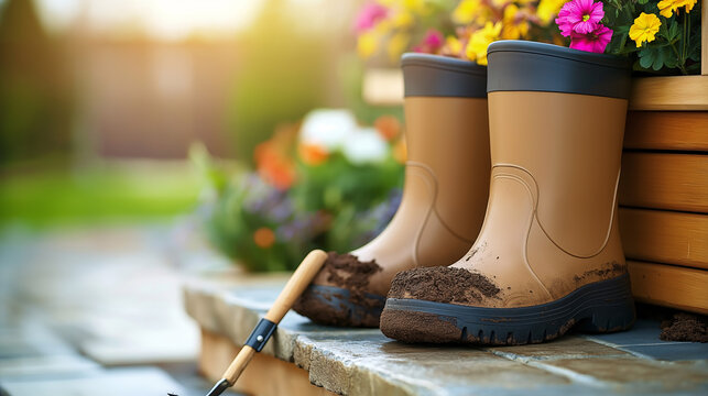 Rubber boots sit beside vibrant flowers in a sunny garden, showcasing the spirit of spring and the joy of gardening. Fresh soil hints at the hard work and nurturing care involved in plant growth