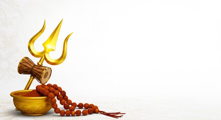   Hindu god Shiva's musical instrument pellet drum Damaru or Damroo, trident or trishul, rudraksha japa mala in white background, Greeting card for Hindu religion, maha Shivratri concept, copy space
