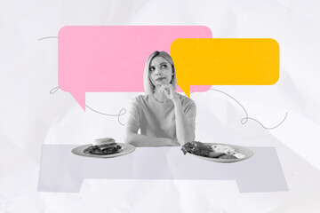 Exclusive art banner collage of doubtful girl sit table choose plate nutrition burger junk food...