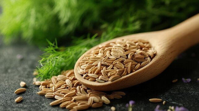Fennel seeds in wooden spoon with fresh dill on dark background culinary herb aromatic spice ingredient