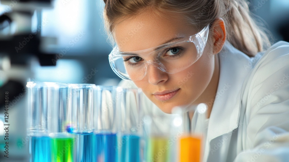 Poster thoughtful scientist in lab coat observing colorful liquid samples during scientific experiment in l