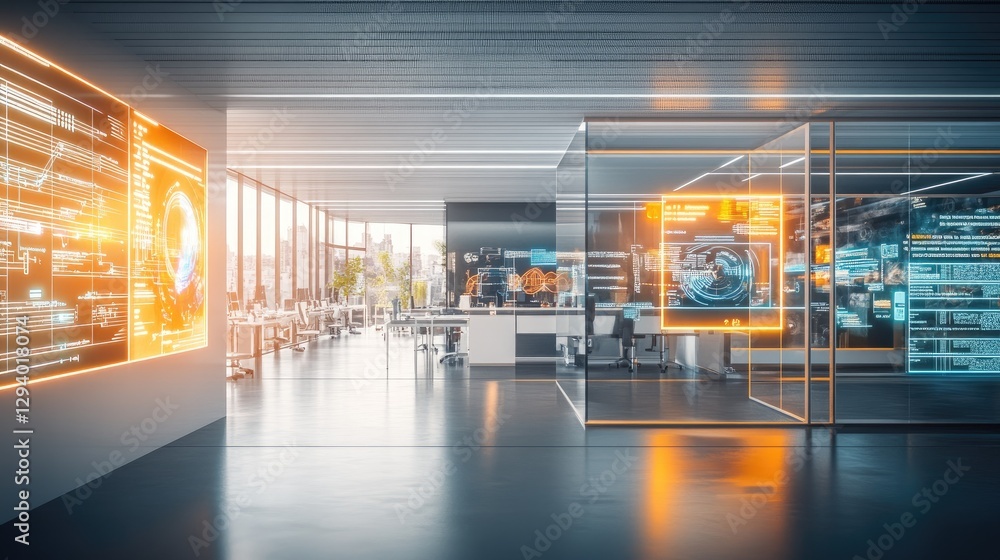 Poster futuristic communication hub with holographic displays and data streams in a high-tech environment.