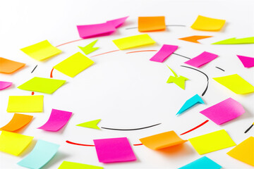 A creative arrangement of colorful sticky notes forming an arrow, symbolizing direction, planning, organization, and efficient task management in a professional setting.