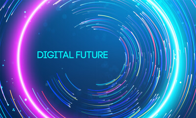 Digital future represented through radiant circular patterns of light trails. Big data and data science integration with advanced technology and artificial intelligence concepts.