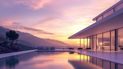 Modern villa with sunset reflection over infinity pool and mountains