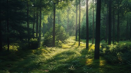 Obraz premium Sunbeams illuminate a lush green forest floor, dappled light filtering through tall trees.