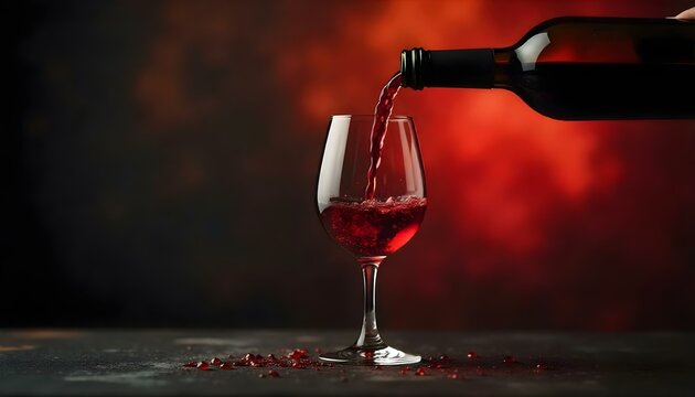 Una toma de primer plano captura el momento din&aacute;mico del vino tinto que se vierte de una botella a una copa de vino, sobre un fondo de tonos oscuros y texturizados