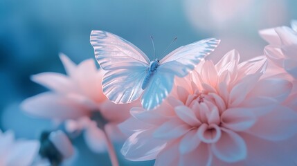 Beautiful pastel blue butterfly on pink dahlia flower in spring garden