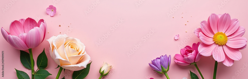 Poster beautiful floral arrangement against a soft pink background is showcased in this visually appealing 