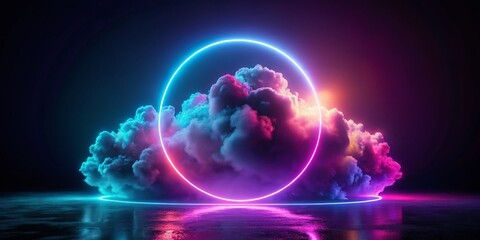 Illuminated Abstract Cloud: Neon Ring 3D Render Dark Night Background