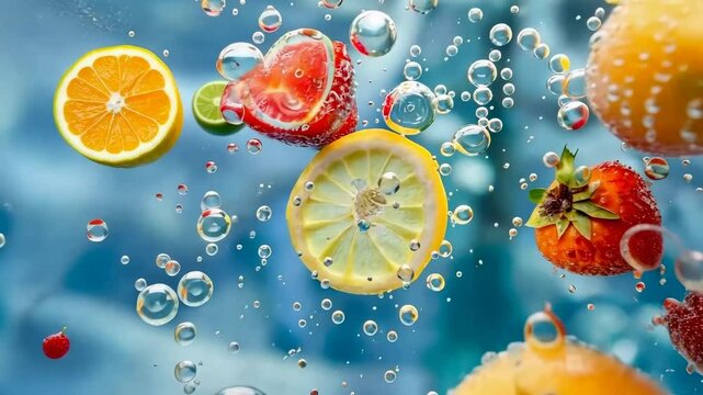 Vibrant fruits submerged in water, captured in a close-up, dynamic angle. The video style emphasizes freshness and effervescence with bubbles. Live desktop wallpaper.