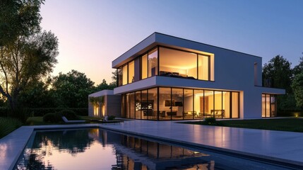 Fototapeta premium Modern Architectural House at Dusk with Pool and Landscape View
