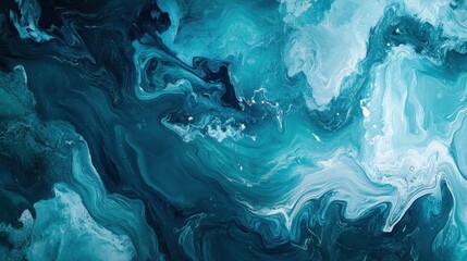 A vibrant blue and white abstract painting vividly contrasts against a deep, rich black background.