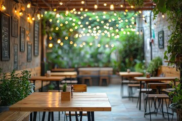 Obraz premium Cozy café terrace with wooden tables, string lights, and green plants.