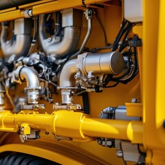 Yellow vehicle engine components close-up
