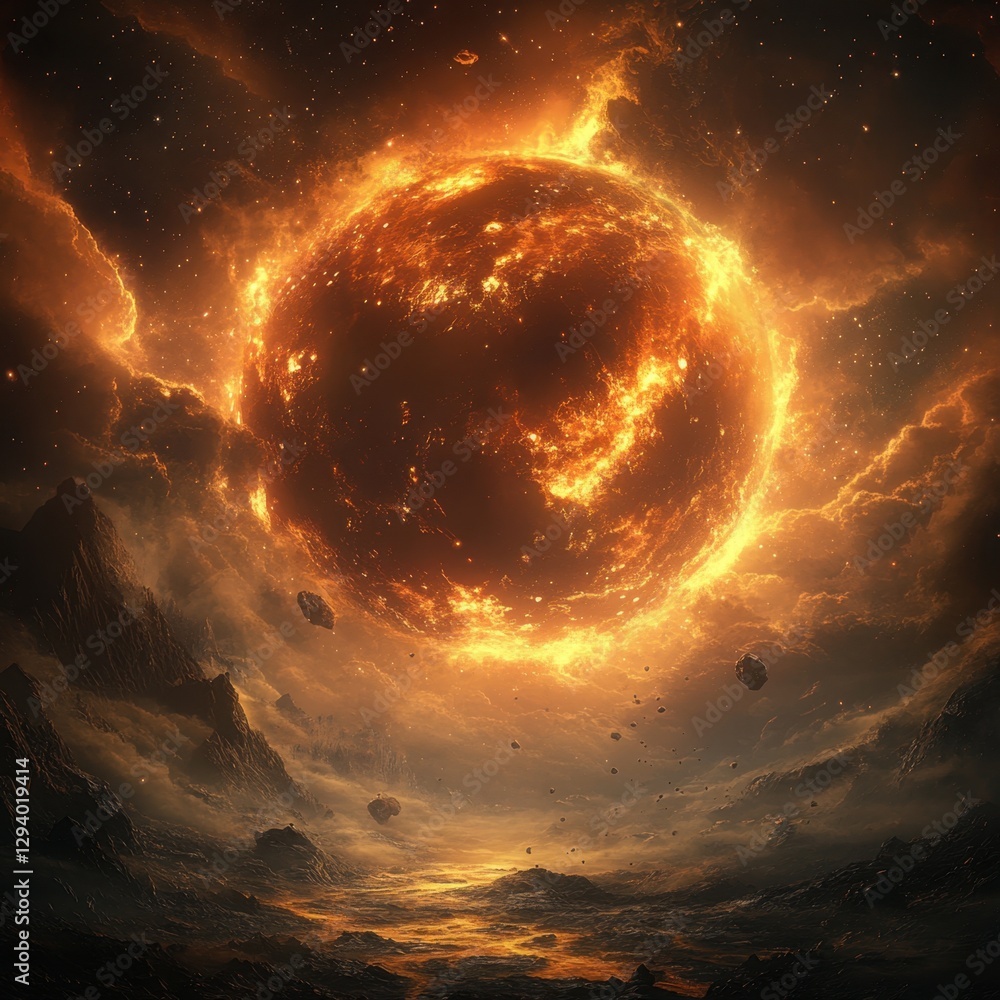 Poster fiery celestial sphere illuminating a dramatic landscape with cosmic clouds and distant stars creati