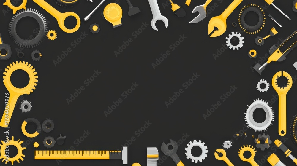 Poster colorful tools and gears border on dark background for design projects