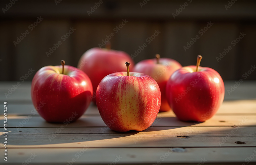 Poster apples with reddish skin sit scattered across the surface of a weathered wooden table in the stillne