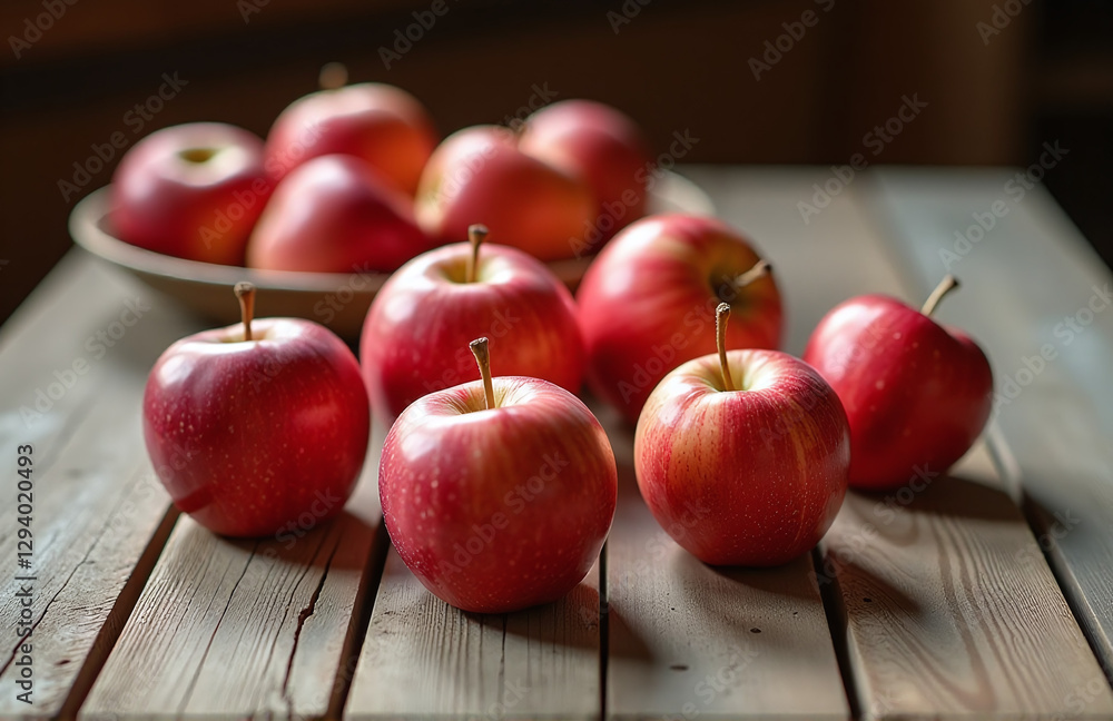 Poster apples with reddish skin sit scattered across the surface of a weathered wooden table in the stillne