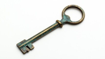 Antique brass keychain with a vintage patina, isolated on white