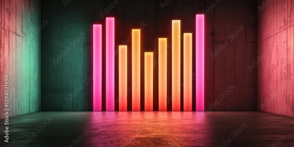 Poster a vibrant, colorful bar graph with neon lights against a dark background, symbolizing data visualiza