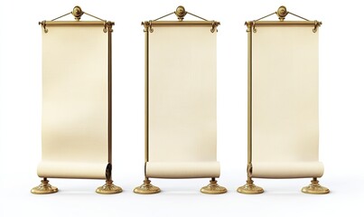 Antique Scrolls Displayed on Stands Against White Background