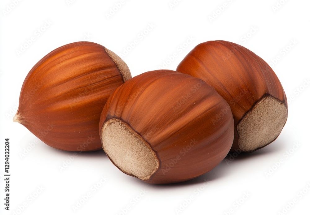 Poster three hazelnuts on white background. close up view showcasing the nuts' brown shells and textured su