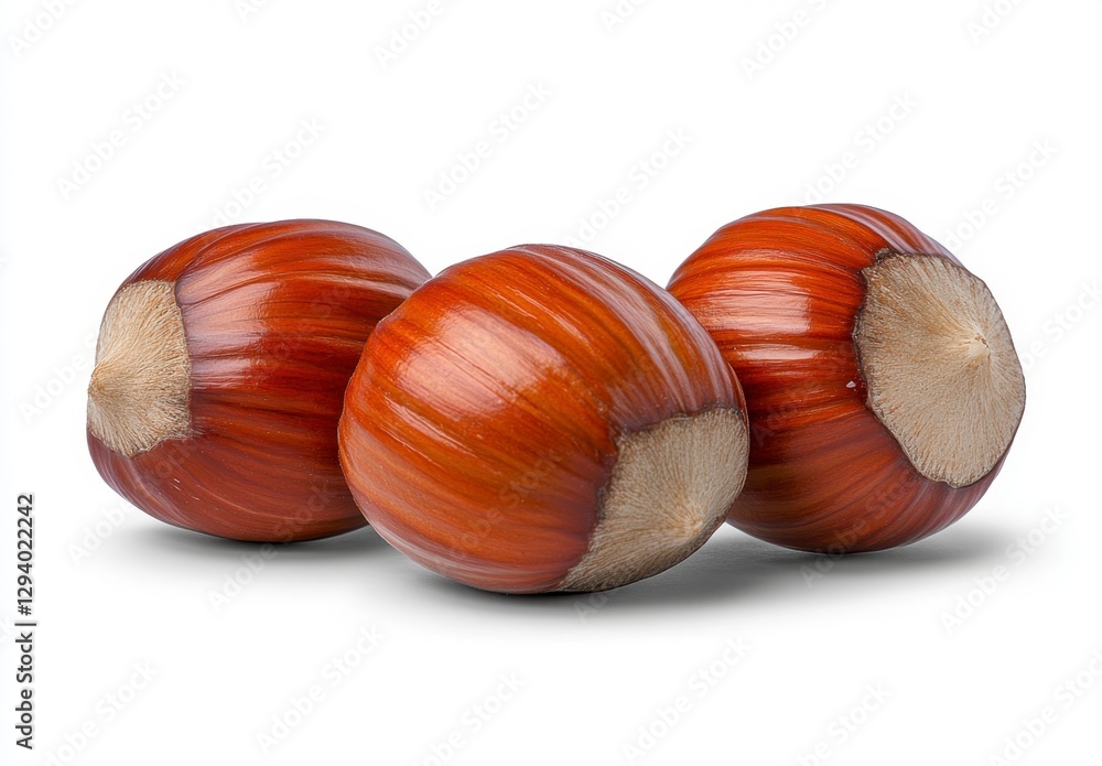 Poster three hazelnuts arranged on a white background. the nuts are brown with a slightly fuzzy texture, an