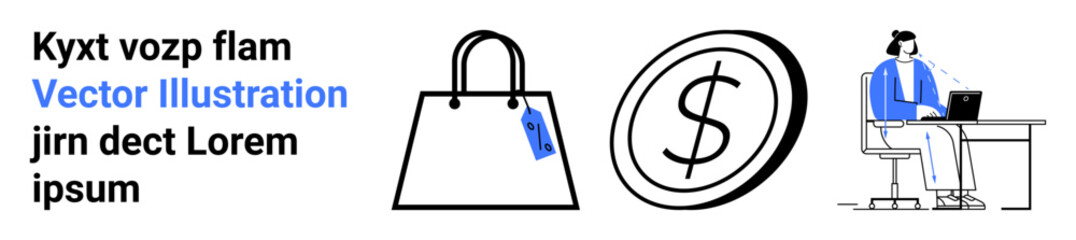 Handbag with attached tag, dollar coin symbolizing money, and a customer agent in headphones at a desk. Ideal for e-commerce, finance, retail, service, customer support, online shopping flat landing