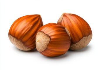 Three hazelnuts on white background. Close up studio shot of brown nuts with textured shells.  High quality image ideal for food, health, or nature