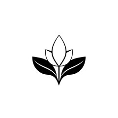 Minimalistic stylized black and white illustration showing a simple stylized image of a blooming flower.