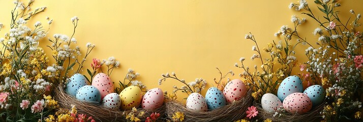 Colorful easter eggs in nests with spring flowers on yellow background