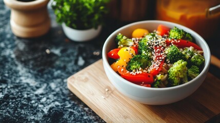 Fresh Vegetable Bowl with Broccoli, Tomatoes, and Sesame Seeds