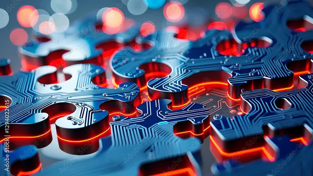 Poster futuristic circuit board puzzle with glowing red and blue technology components in a digital high-te