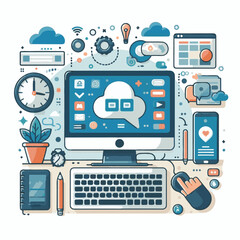 computer, technology, digital, business, communication, laptop, tech, device, design, pc, work, internet, office, web, desktop, monitor, employee, information, modern, data, electronic, vector, backgr