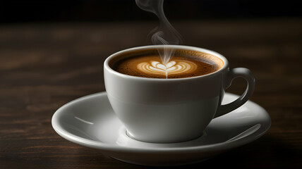 Steaming Latte Art Coffee Cup Wooden Table Background