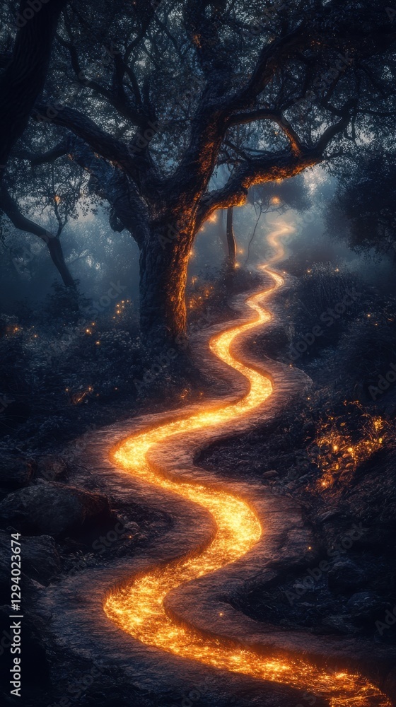 Poster mystical glowing path winding through a dark enchanted forest with majestic trees and ethereal light