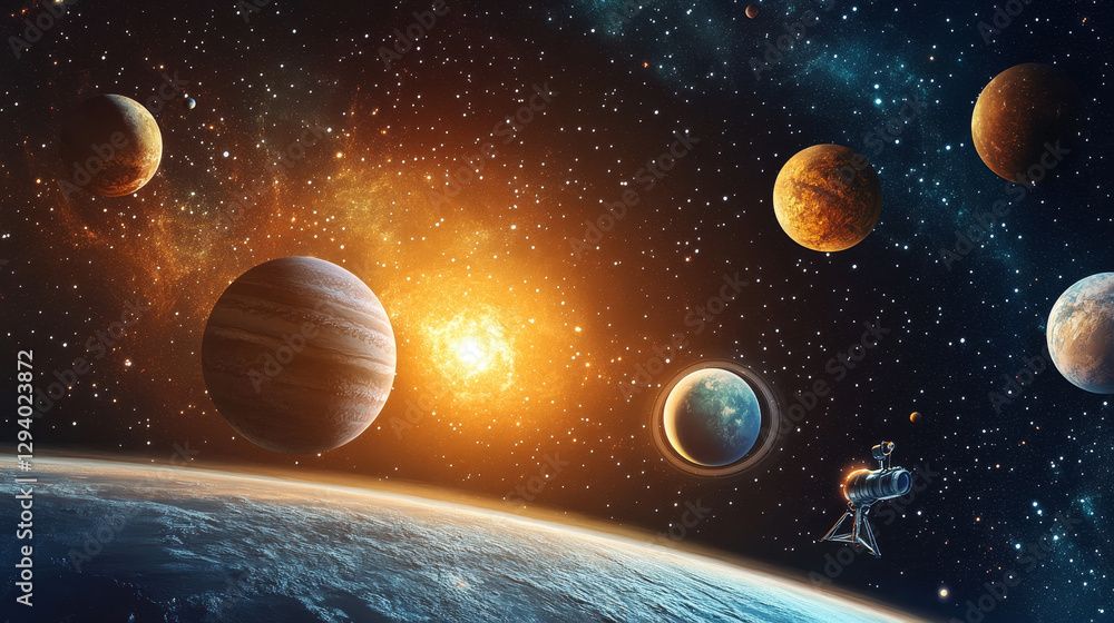 Poster astronomy set schoolboy in planetarium vector astronomical objects of planets in solar system, moon 