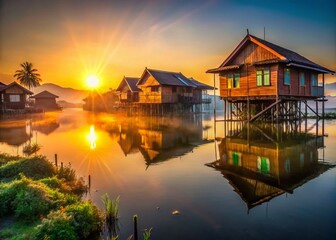 Fototapeta premium Inle Lake Stilt Houses, Myanmar - Sunrise Over Water Village