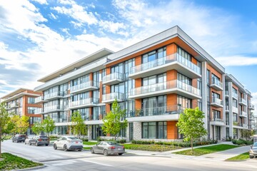 Naklejka premium Contemporary apartment building with glass balconies and sleek modern design.