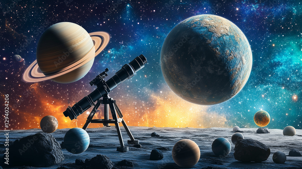 Poster astronomy set schoolboy in planetarium vector astronomical objects of planets in solar system, moon 