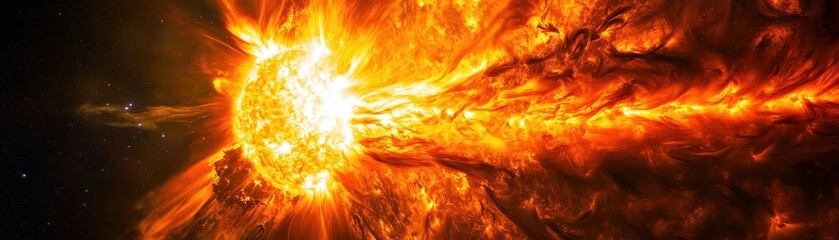 A vibrant close-up of a glowing sun with intricate solar flares, set against a distant starry background.