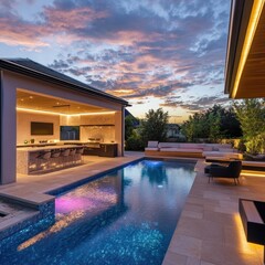 Luxurious Outdoor Kitchen and Pool at Sunset