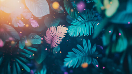 Tropical Foliage: Abstract Leaves in Vibrant Teal and Rose with Floating Light